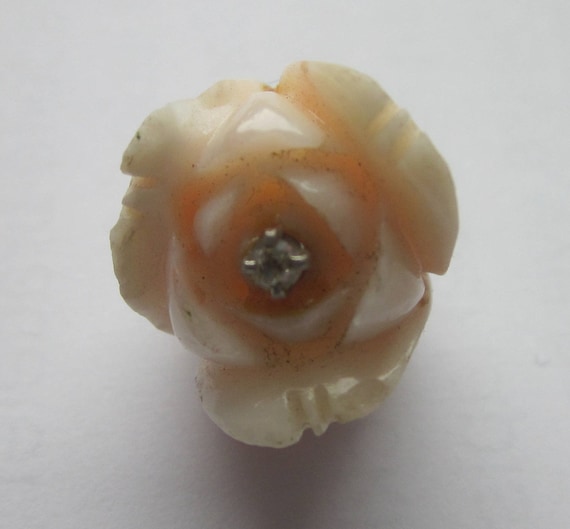 Vintage Carved Rose Angel Skin Coral with Diamond… - image 1