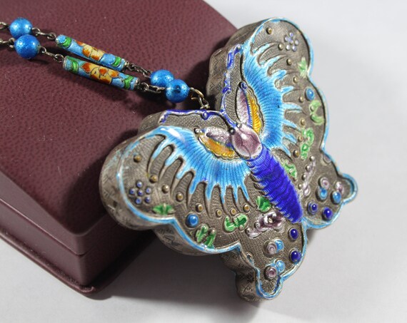 Antique Chinese Sterling Silver Enamel Butterfly … - image 4