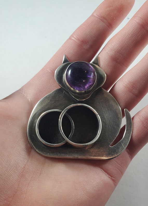 Vintage Sterling Silver Natural Amethyst Cat Big Pendant Brooch