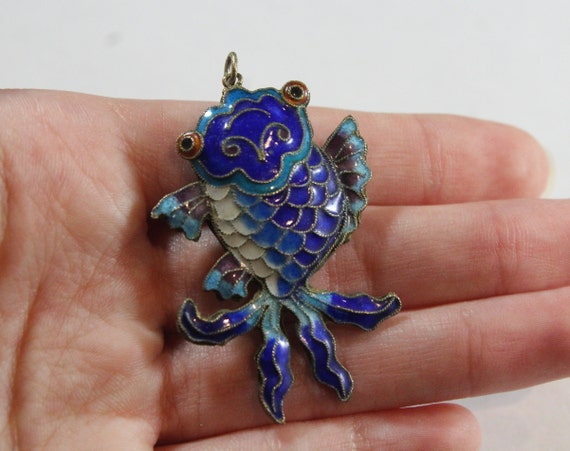 Vintage Chinese Enamel Blue Fish Pendant - image 2