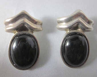 Vintage Sterling Silver Black Onyx Clip On Earrings