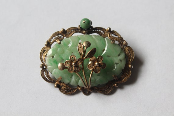 Antique Chinese Sterling Silver Filigree Carved Jadeite Pin Brooch
