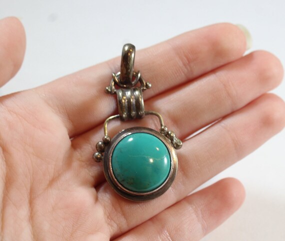 Vintage Sterling Silver Round Natural Turquoise P… - image 2