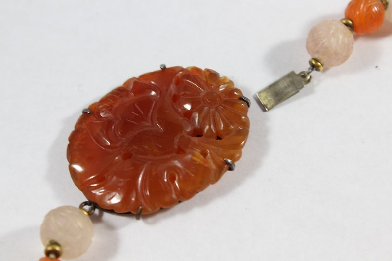 Antique Sterling Silver Chinese Carved Long Life Carnelian with Rose Quartz Beaded Necklace image 3