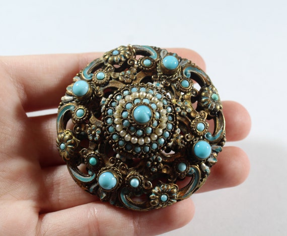 Antique Brass Blue Glass and Faux Pearl Brooch / … - image 3