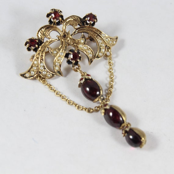 Victorian 15k Gold Garnet and Seed Pearl Brooch/P… - image 2