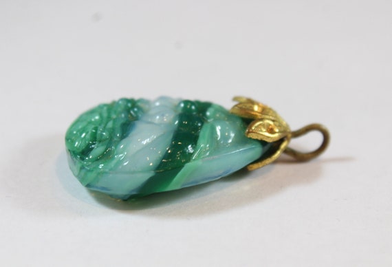 Antique Carved Flower Jadeite Color Glass Pendant - image 4