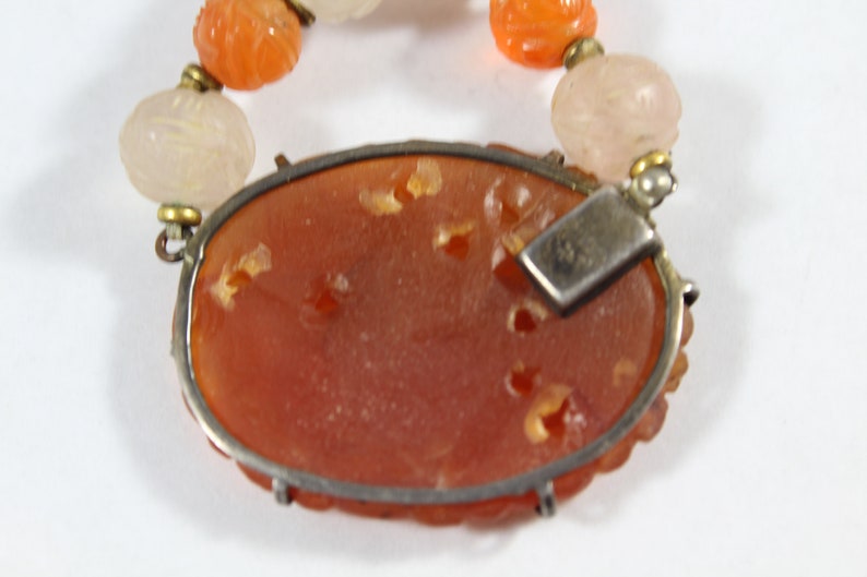 Antique Sterling Silver Chinese Carved Long Life Carnelian with Rose Quartz Beaded Necklace image 4