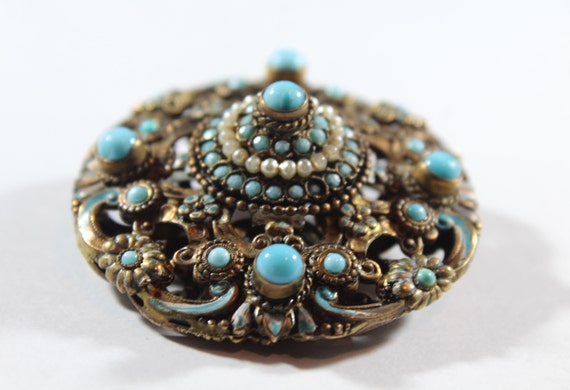 Antique Brass Blue Glass and Faux Pearl Brooch / … - image 6