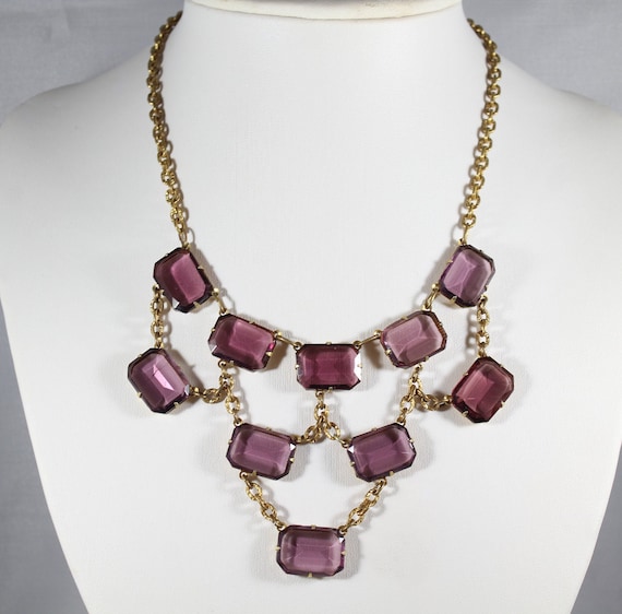 Antique Gold Tone Rectangular Shape Amethyst Glas… - image 1