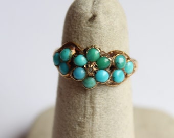 Victorian 14k Gold Flower Turquoise with Old Mine Diamond 4.5US Ring
