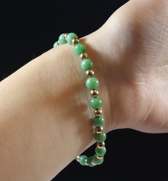 Antique 14k Gold Bead Natural Green Jadeite Bracel