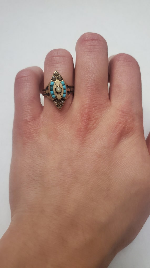 Antique Victorian Turquoise Seed Pearl Paved Ring