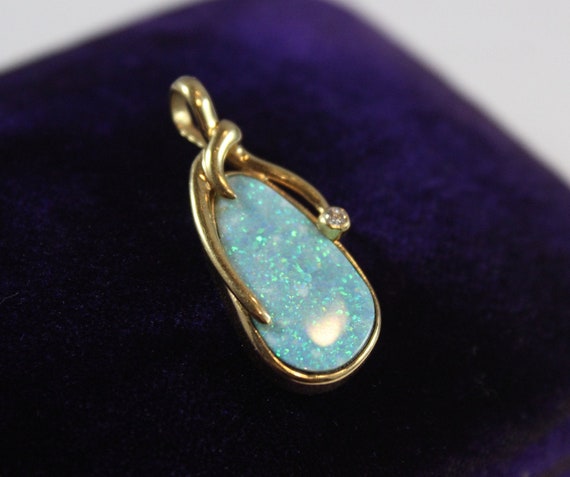 Vintage 18k Gold Natural Opal with Diamond Pendant - image 3