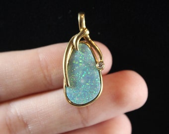 Vintage 18k Gold Natural Opal with Diamond Pendant
