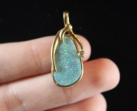 Vintage 18k Gold Natural Opal with Diamond Pendant - image 1