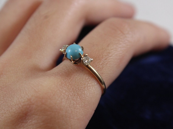Vintage 14k Gold Natural Turquoise with Diamond R… - image 1