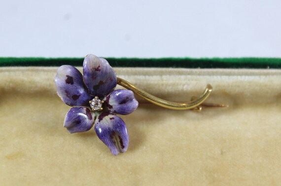 Antique 12k Gold Purple Enamel Flower with Diamon… - image 3