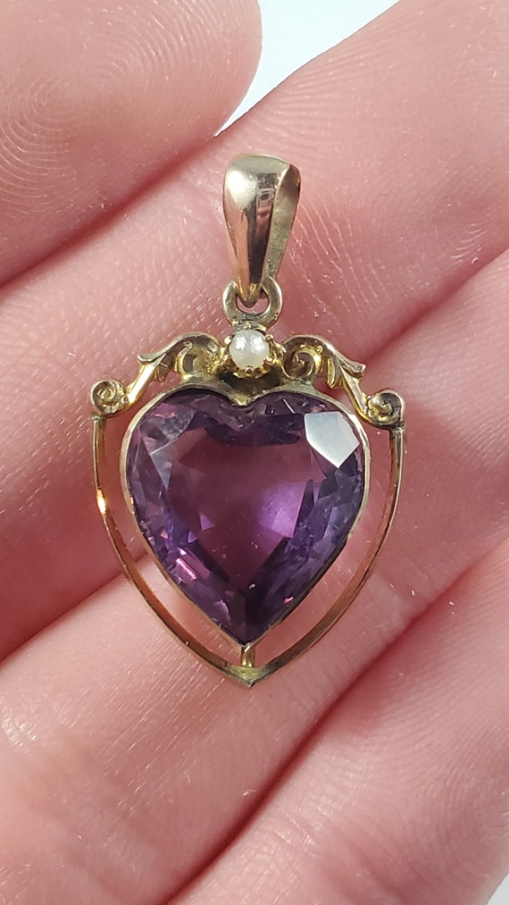 Antique 9k Amethyst Pearl Small Pendant - image 1
