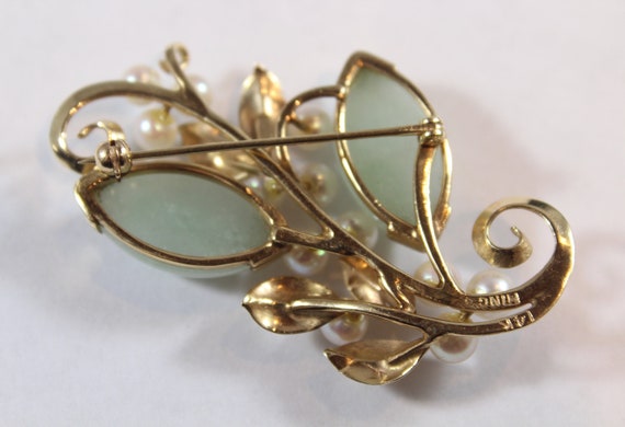 Vintage 14k Gold Ming Natural Pearls and Jade Lea… - image 5