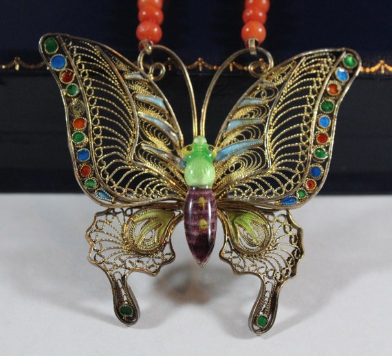 Vintage Chinese Sterling Silver Enamel Filigree C… - image 1