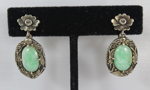 Antique Chinese Sterling Silver Natural Jadeite S… - image 2