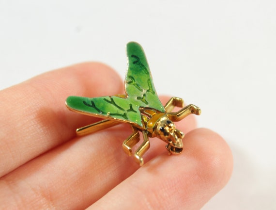 Vintage 14k Gold Green Enamel Fly Bug Brooch - image 3