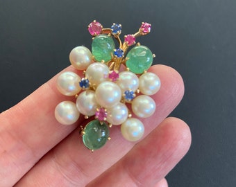 Vintage 14k Emerald Cabochon Pearl Ruby Sapphire Pendant Brooch Pin