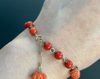 Antique Victorian 14k Carved Coral Bead Bracelet