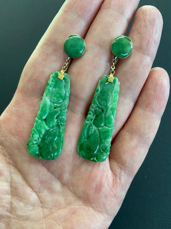 Antique Art Deco 14k Carved Natural Jadeite Earrin