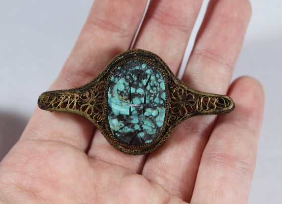 Antique Chinese Filigree Carved Scarab Natural Tu… - image 4