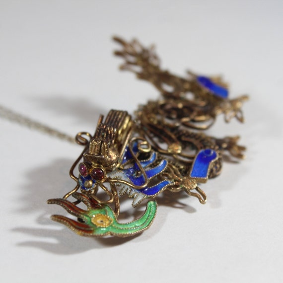 Vintage Sterling Silver Enamel Dragon Tourmaline … - image 3