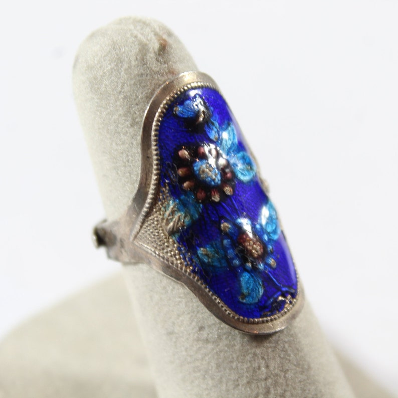 Antique Sterling Silver Chinese Enamel Flower Adjustable Ring