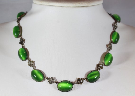 Antique Art Deco Oval Shape Green Glass Necklace - image 1