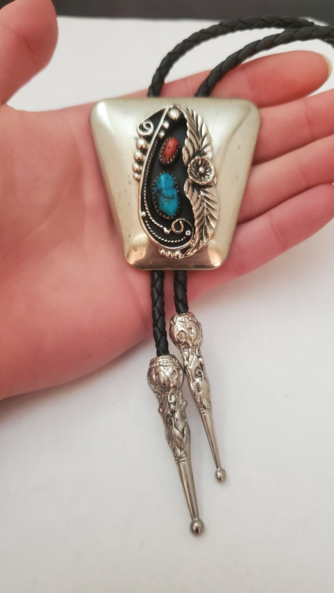 Vintage Navajo Silver Tone Leather Coral Turquoise Bolo Tie - Etsy