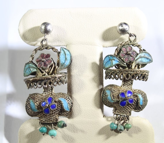 Antique Chinese Enamel Filigree Sterling Silver T… - image 1