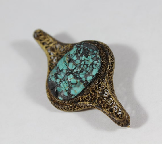 Antique Chinese Filigree Carved Scarab Natural Tu… - image 3