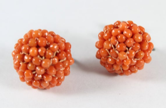 Antique Sterling Silver Gold Tone Orange Coral Beads Screw Back Earring