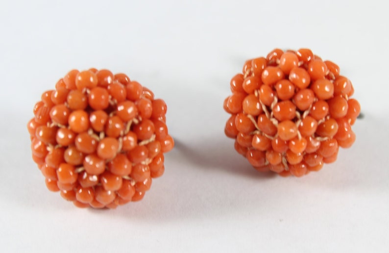 May include: A pair of orange coral earrings, each made of a cluster of small, round beads.