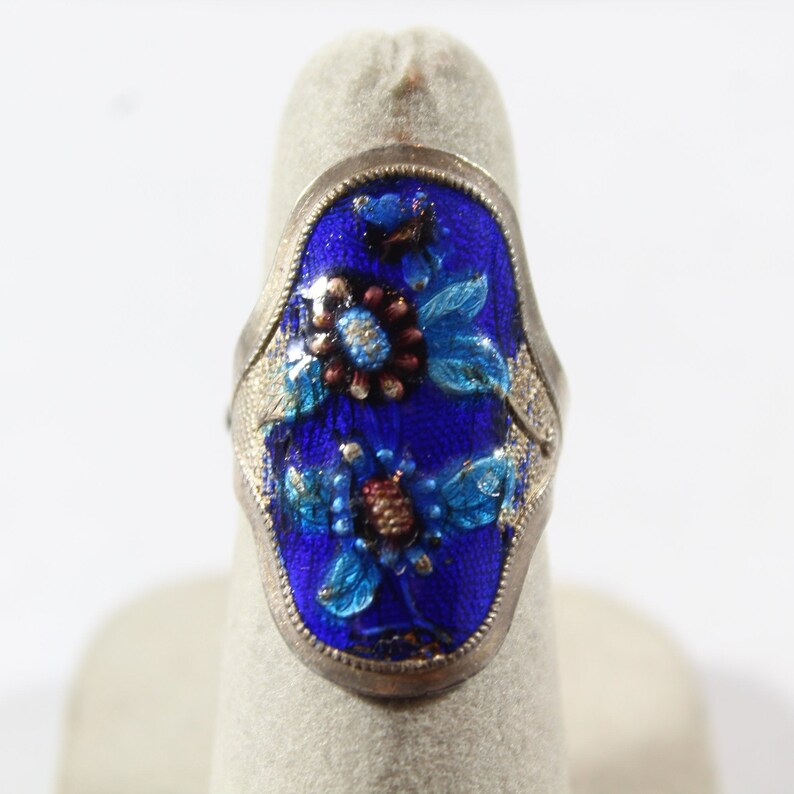 Antique Sterling Silver Chinese Enamel Flower Adjustable Ring