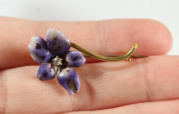 Antique 12k Gold Purple Enamel Flower with Diamon… - image 2