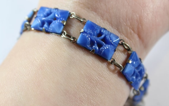 Antique Silver Tone Motif Rectangular Shape Blue … - image 1