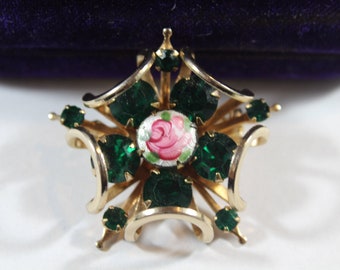 Vintage Gold Tone Green Glass Enamel Flower Brooch