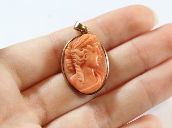 Antique 14k Gold Carved Cameo Lady Salmon Coral P… - image 2