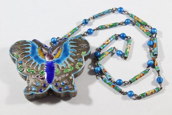 Antique Chinese Sterling Silver Enamel Butterfly … - image 2