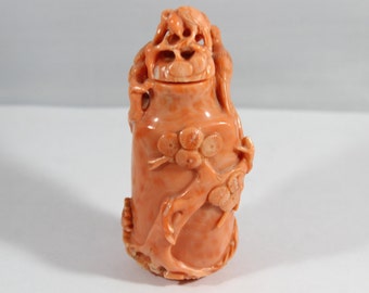 Antique Chinese Carved Bird and Tree Natural Salmon Coral Snuff Bottle