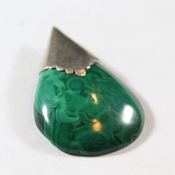 Antique Sterling Silver Natural Malachite Pendant - image 3