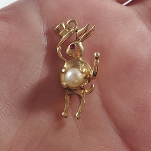 Antique 14k Gold Natural Ruby with Pearl Alice in Wonderland Rabbit with Hat Pendant