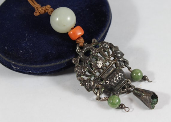 Antique Chinese Qing Dynasty Sterling Silver Jade… - image 1