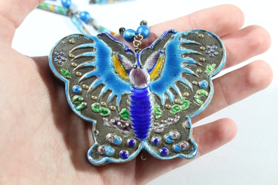 Antique Chinese Sterling Silver Enamel Butterfly … - image 1